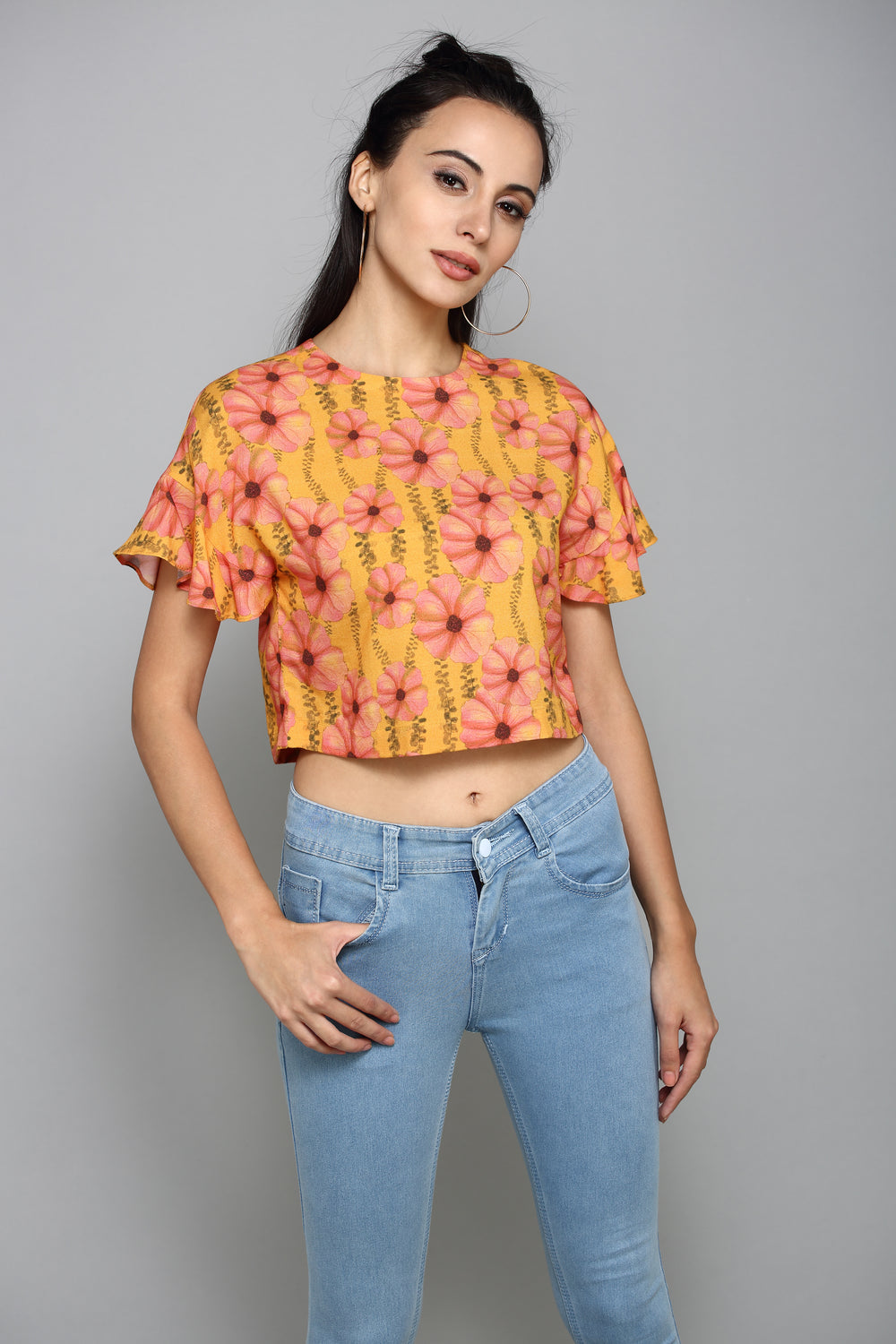 Aturabi Casual Short Sleeve Printed Women Orange Top