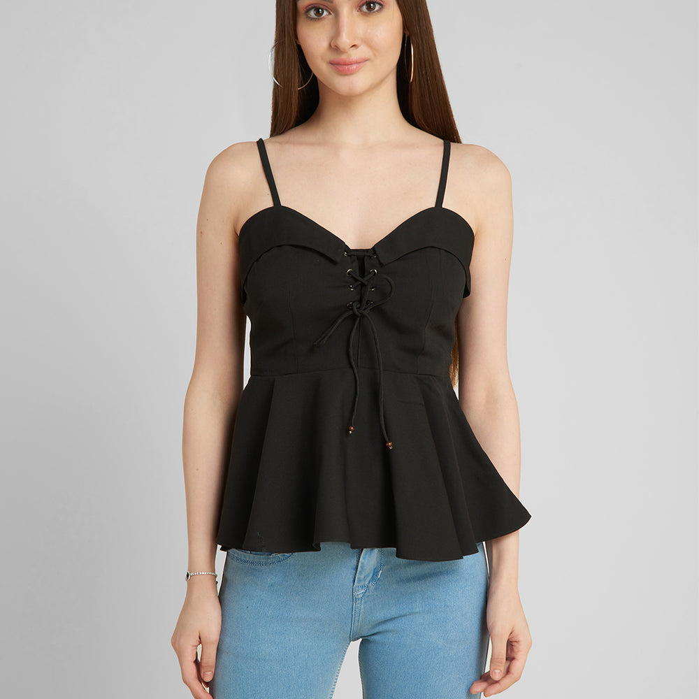 
                      
                        Aturabi Black Peplum Sleeveless Shoulder StrapsTop
                      
                    