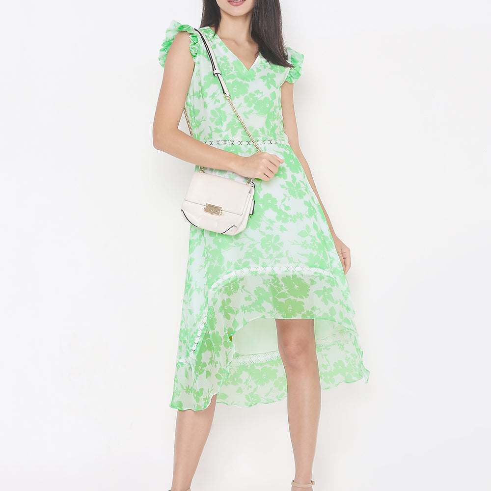 Elegant White Kurti with Green Floral Print and Lace