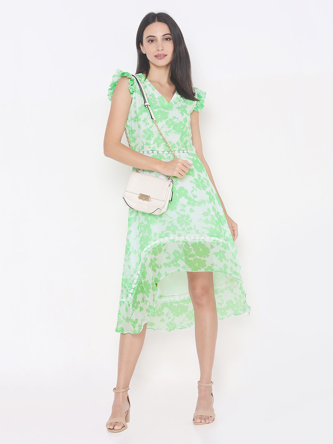 Elegant White Kurti with Green Floral Print and Lace