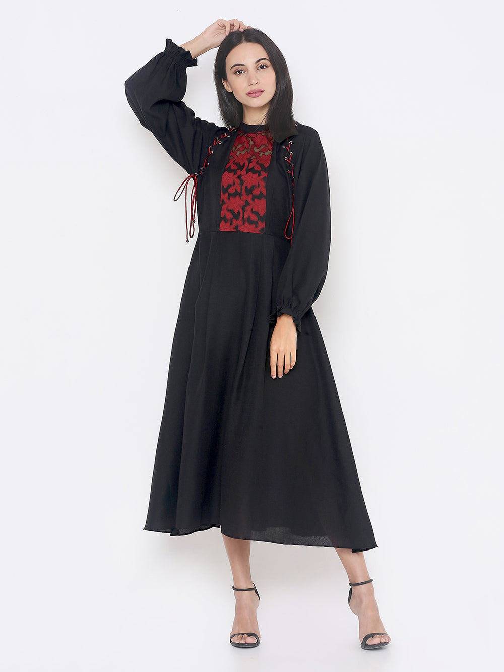 Aturabi Black & Red Floral Printed A-Line Dress