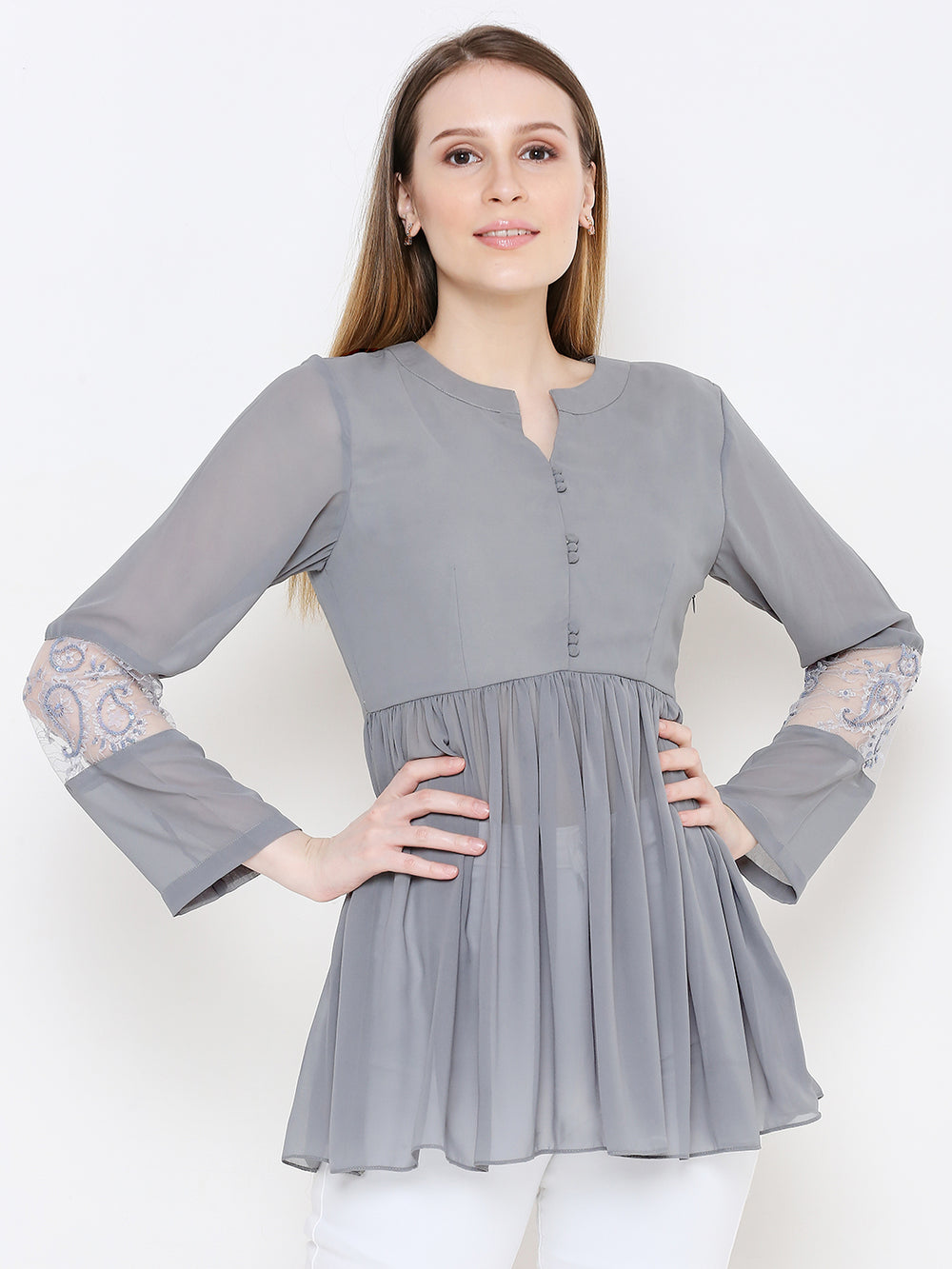 Grey Embellished Pure Georgette Pleated Kurti