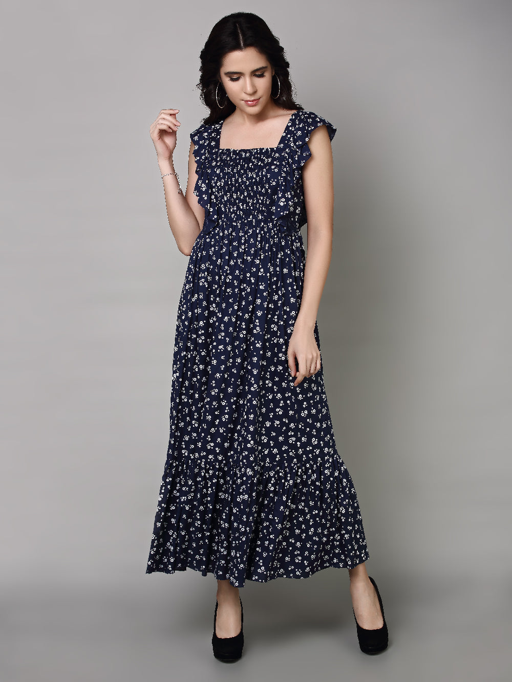 Women Navy Blue Floral Printed Maxi Dress