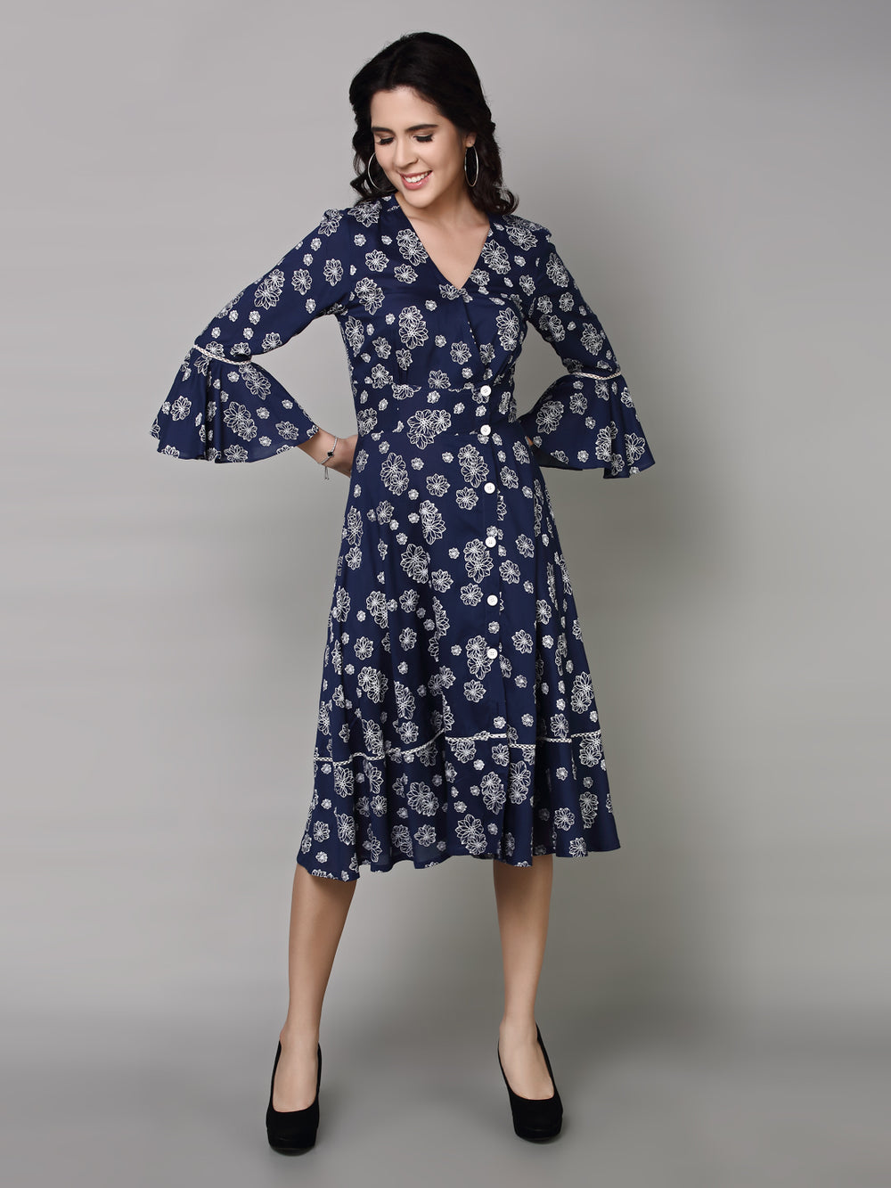 Women Navy Blue Floral Printed Midi Dress