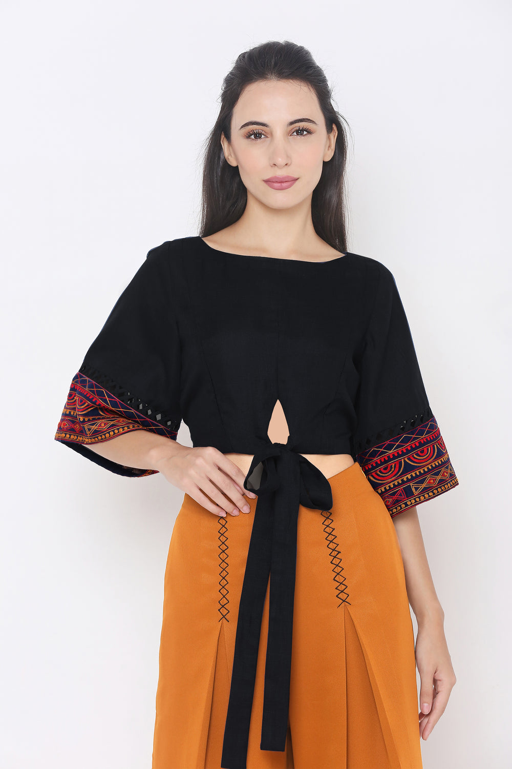 Women Black & Red Printed Flared Sleeves Embroidered Crop Top