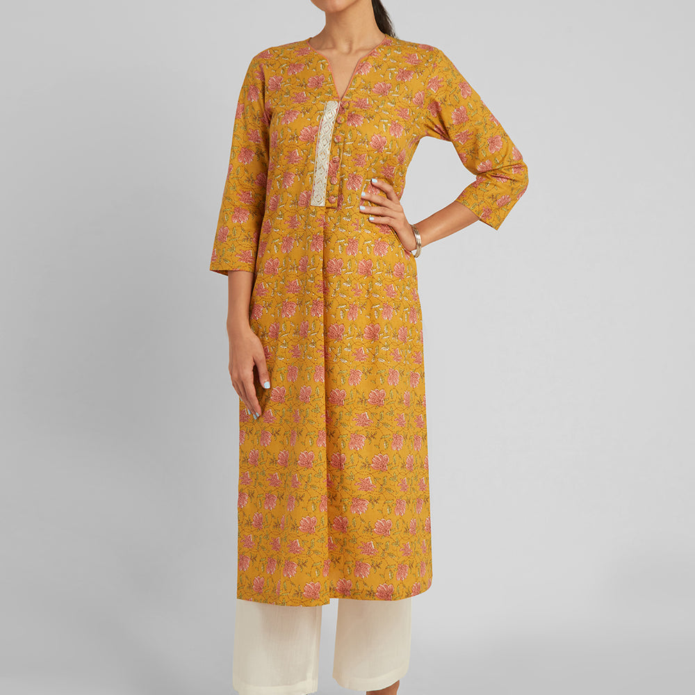 
                      
                        Mustard Floral Straight Kurti
                      
                    