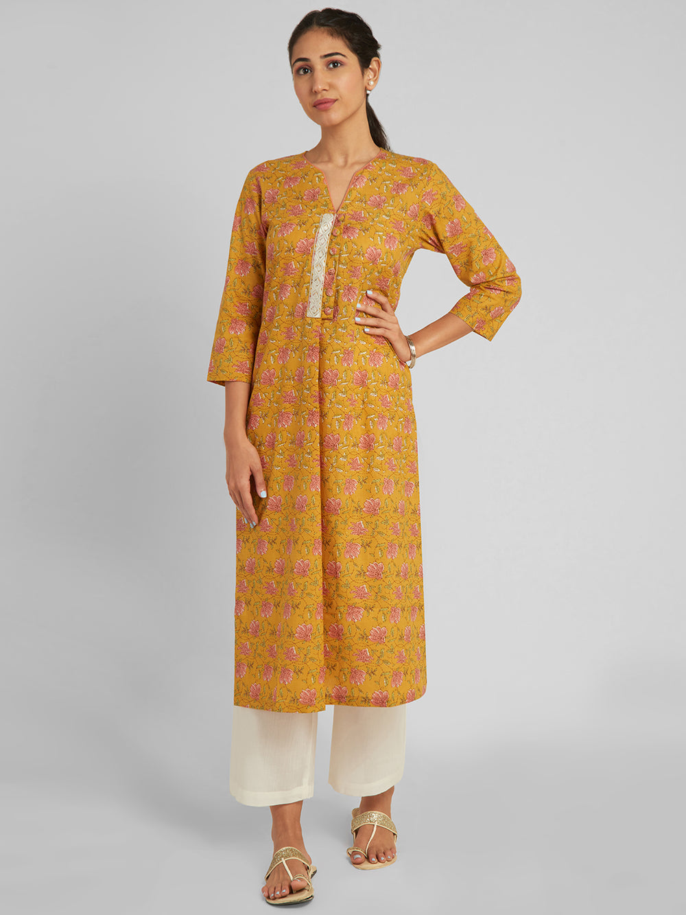 Mustard Floral Straight Kurti