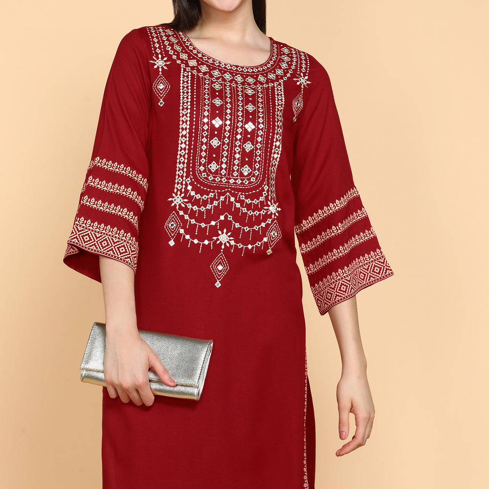 
                      
                        Maroon Kurta Trouser Set With Embroidery
                      
                    