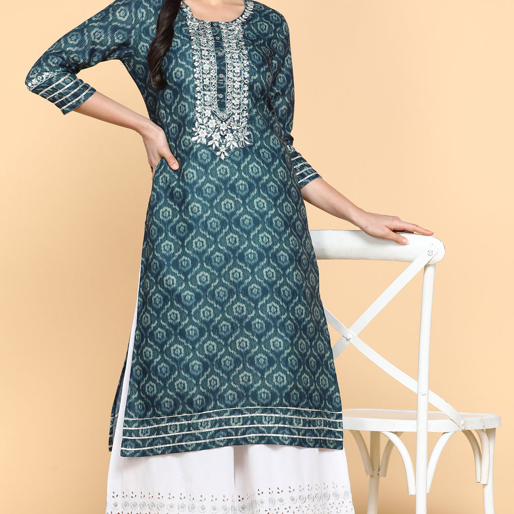 
                      
                        Blue Printed Cotton Linen Kurta With SIlver Embroidery
                      
                    