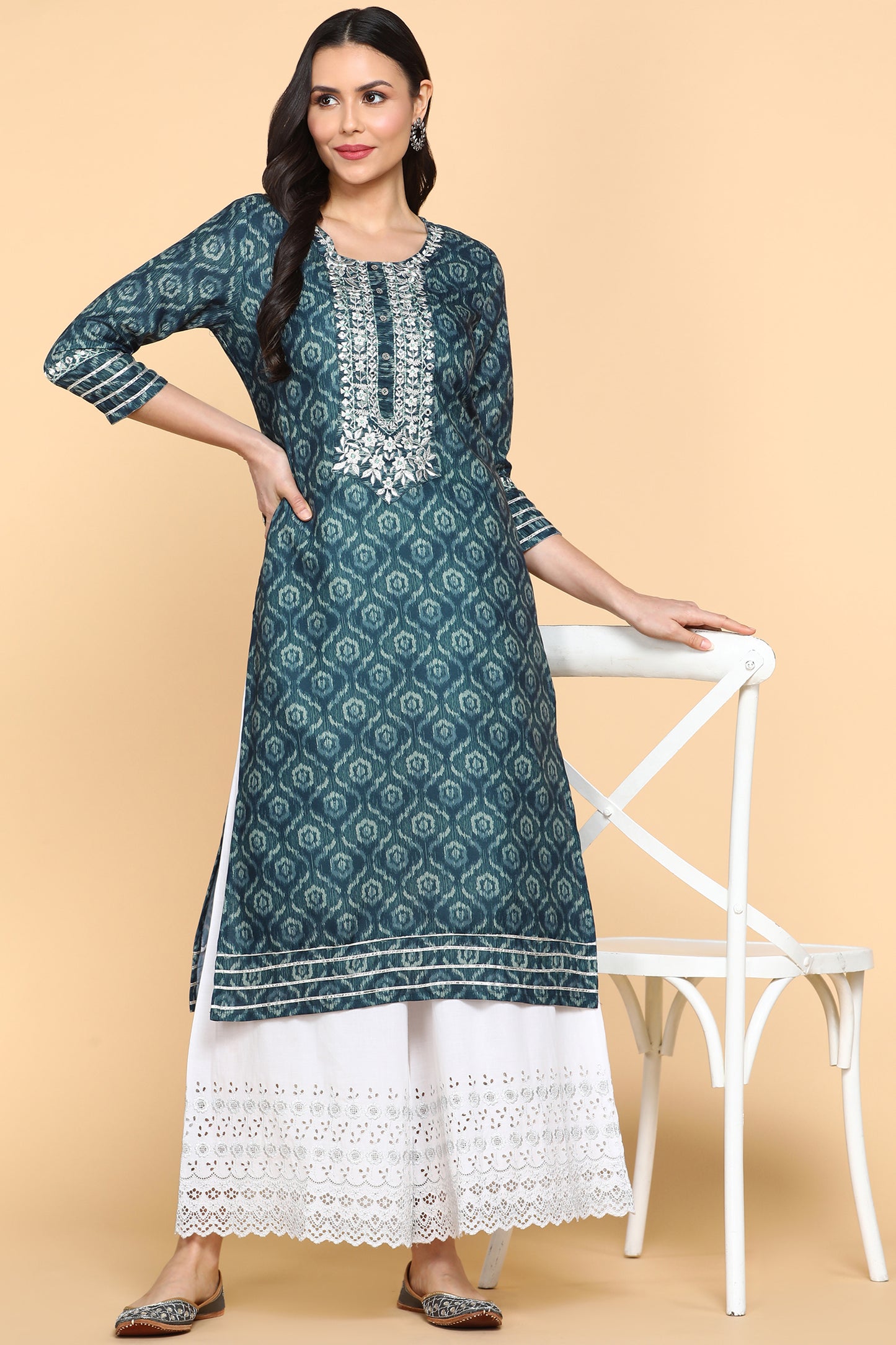 Blue Printed Cotton Linen Kurta With SIlver Embroidery