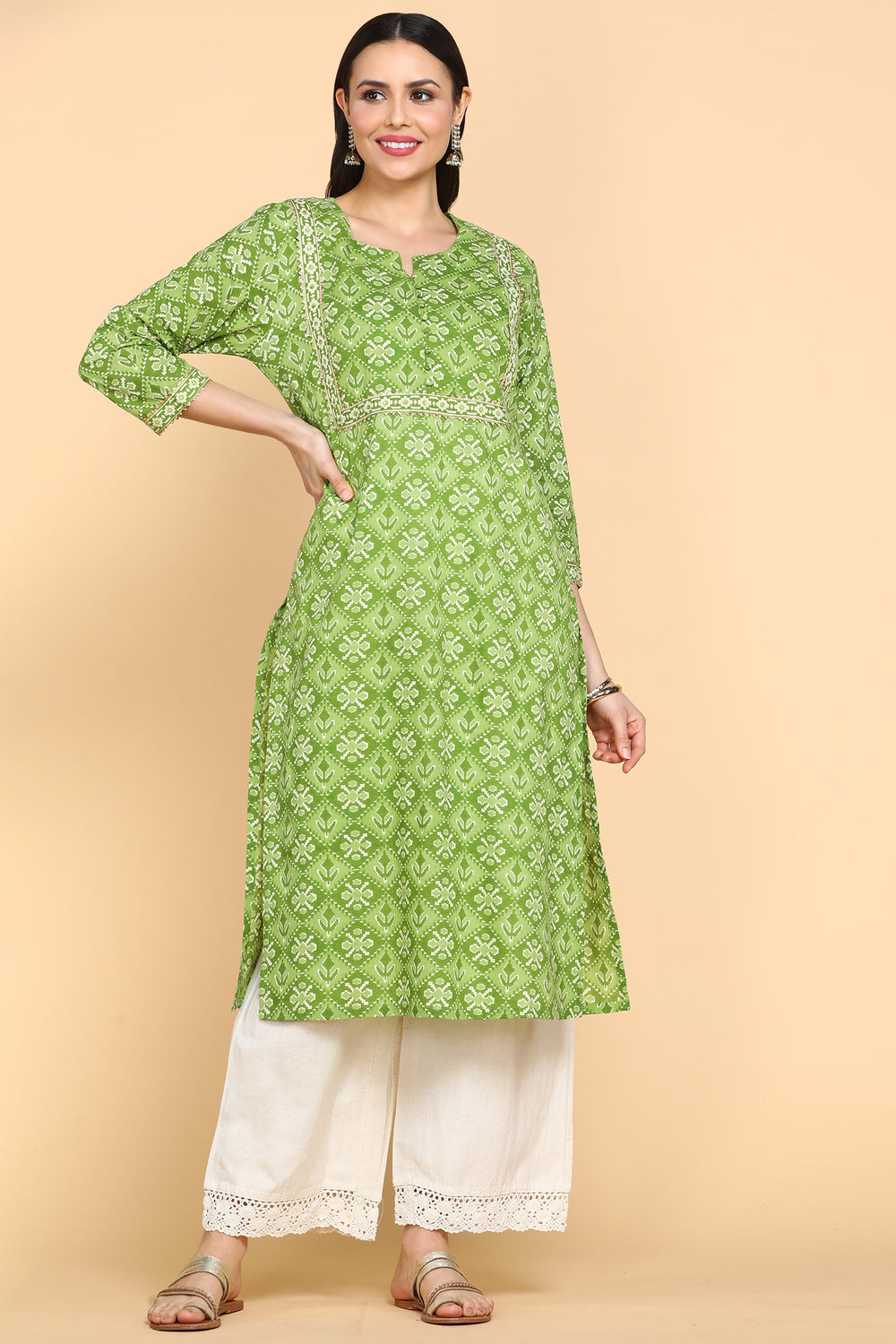 Lime Green Printed Long Kurta With Gotta patti work