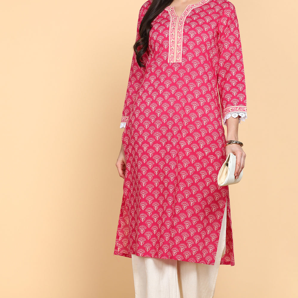 Ethnic Motifs Printed Notched Neck Pure Cotton Kurta