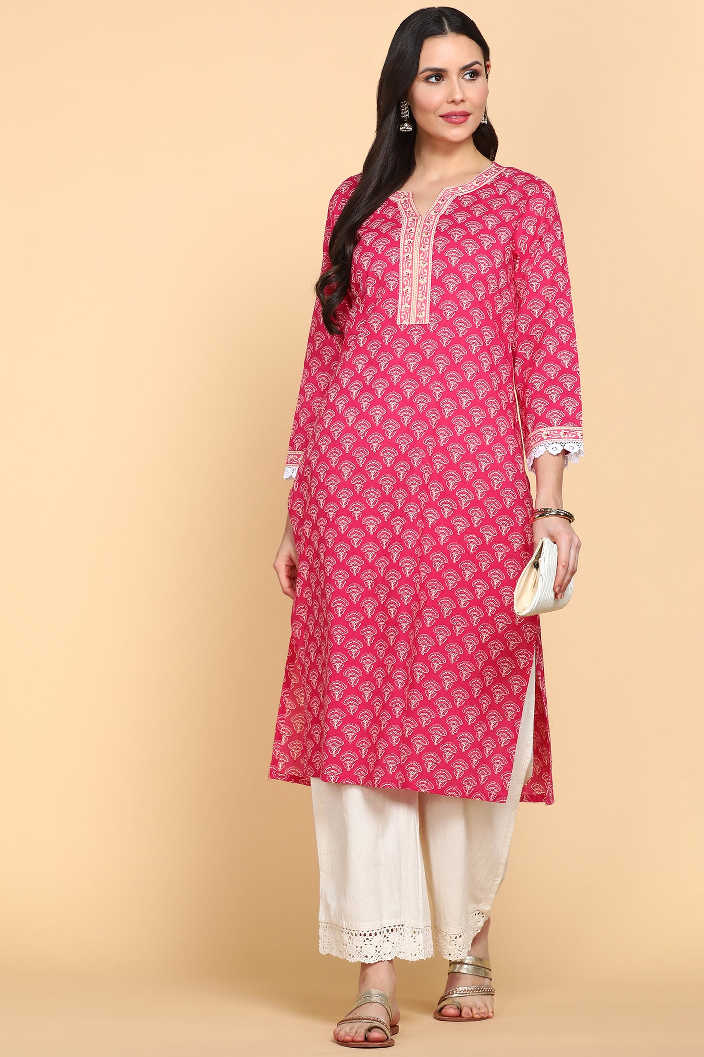 Ethnic Motifs Printed Notched Neck Pure Cotton Kurta