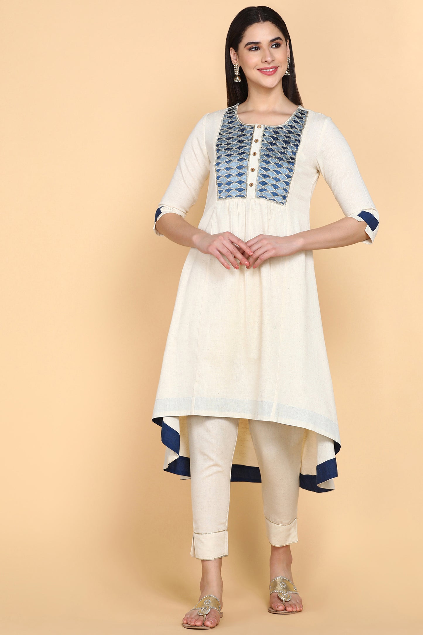 Cream Kurta Trouser Set With Blue Embroidery on Yok