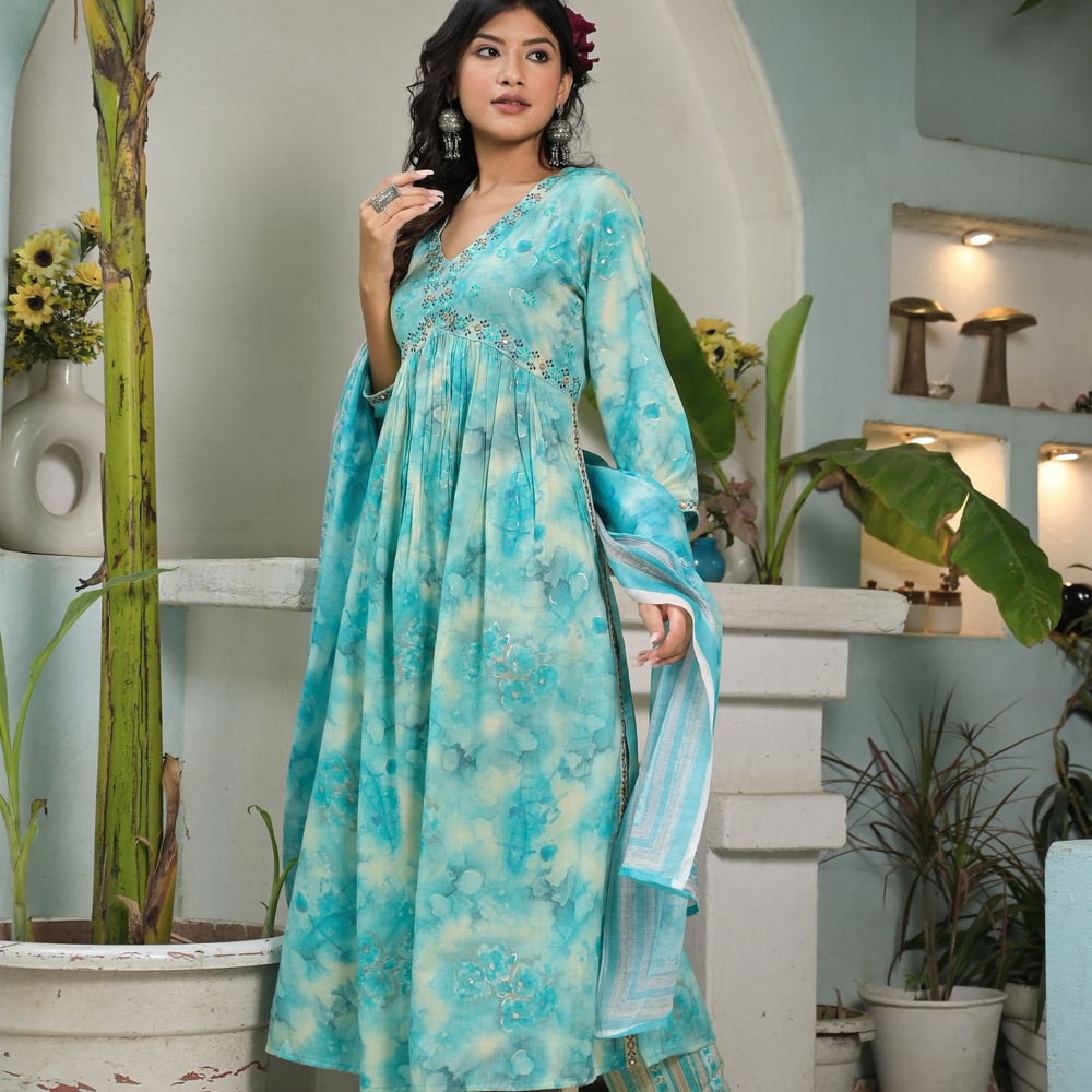 
                      
                        Blue Floral Aliya Cut Suit Set
                      
                    