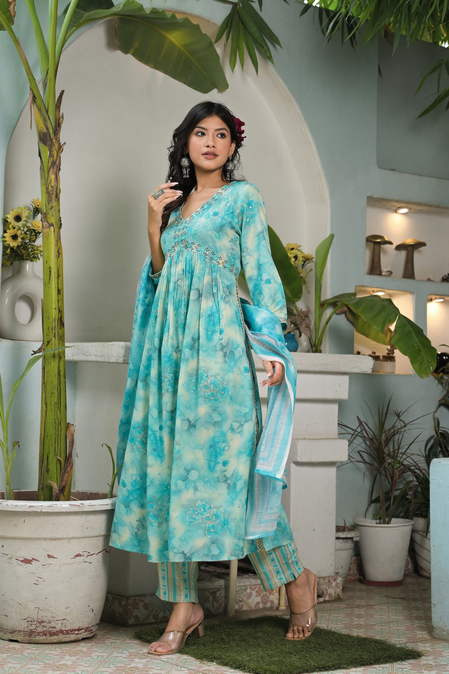 Blue Floral Aliya Cut Suit Set