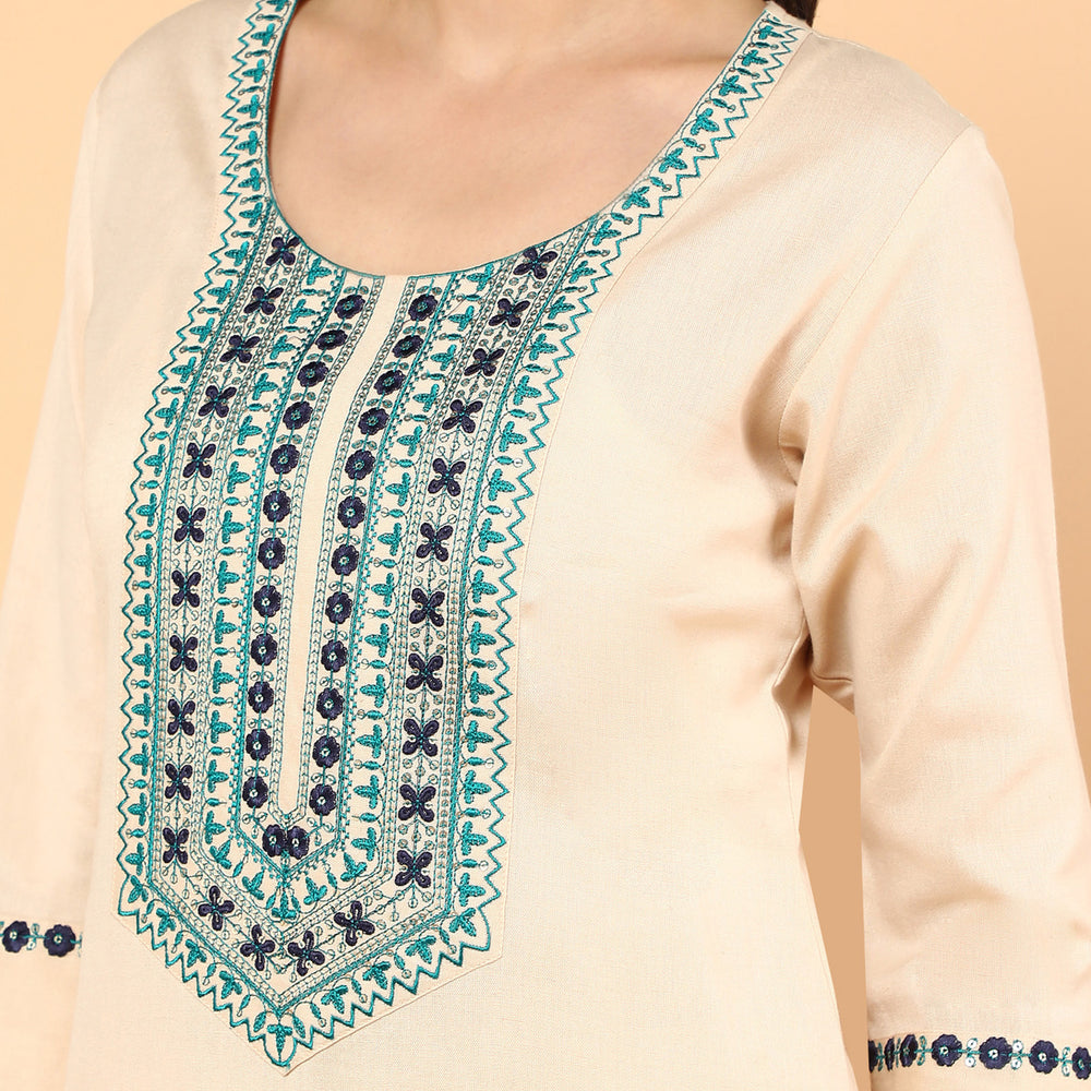 
                      
                        Women Embroidered Sequinned Pure Cotton Linen Kurta With Trousers & Dupatta
                      
                    