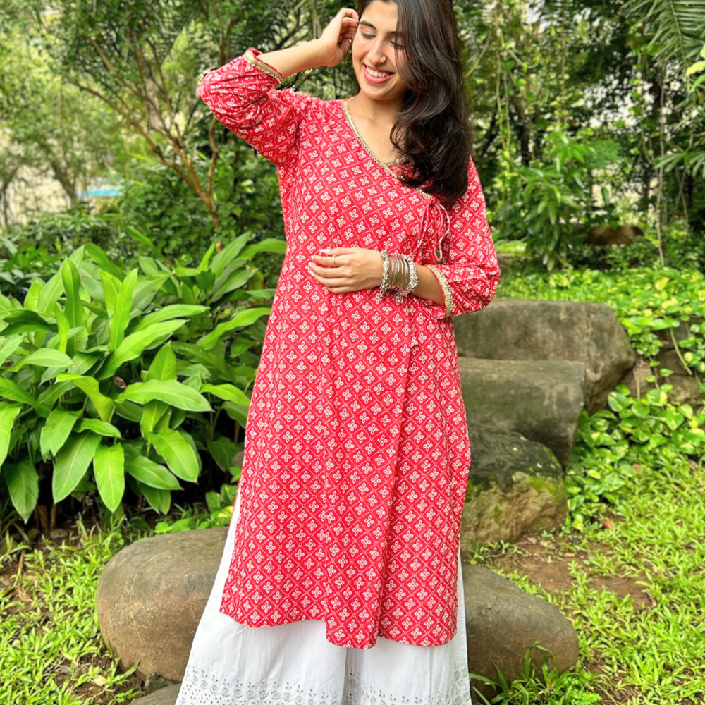 
                      
                        Red Pure Cotton Handprinted Kurta with Abla and Gota Work on Neckline
                      
                    