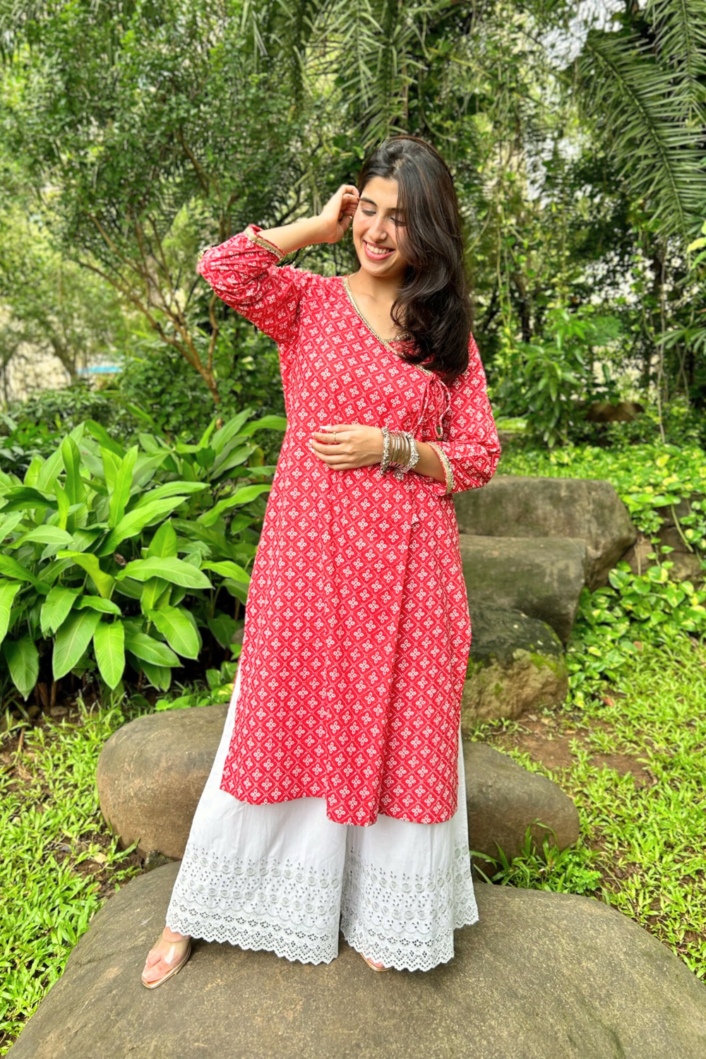 Red Pure Cotton Handprinted Kurta with Abla and Gota Work on Neckline