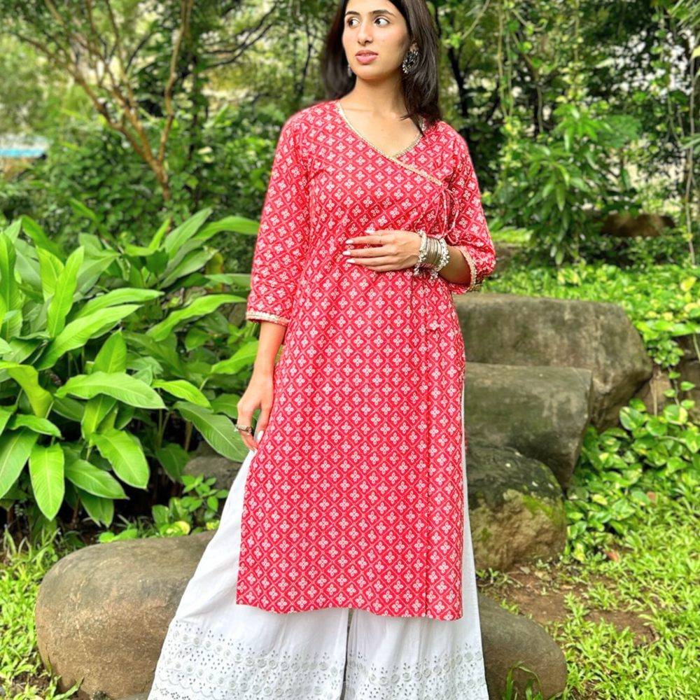 
                      
                        Red Pure Cotton Handprinted Kurta with Abla and Gota Work on Neckline
                      
                    