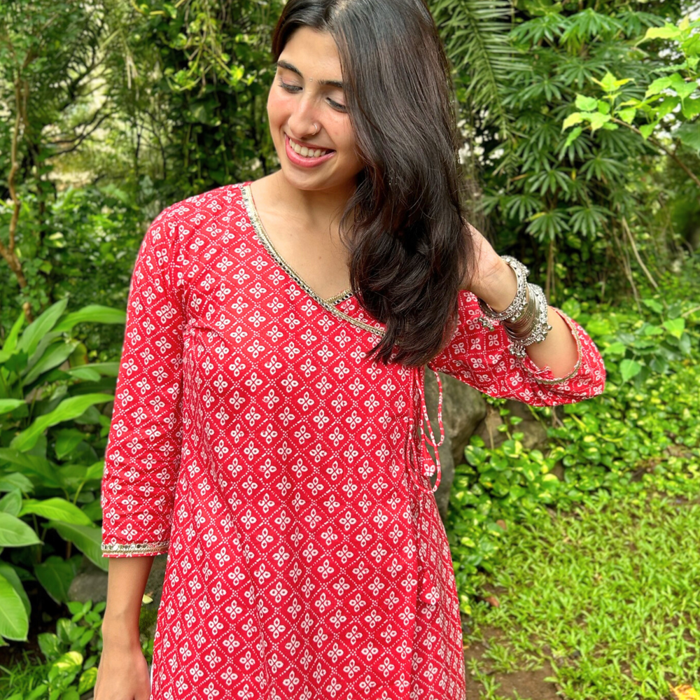 
                      
                        Red Pure Cotton Handprinted Kurta with Abla and Gota Work on Neckline
                      
                    