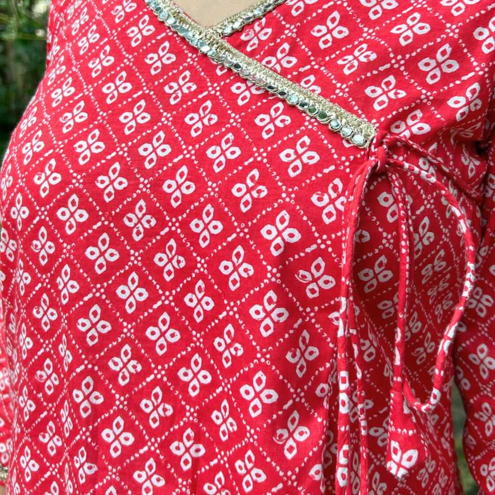 
                      
                        Red Pure Cotton Handprinted Kurta with Abla and Gota Work on Neckline
                      
                    