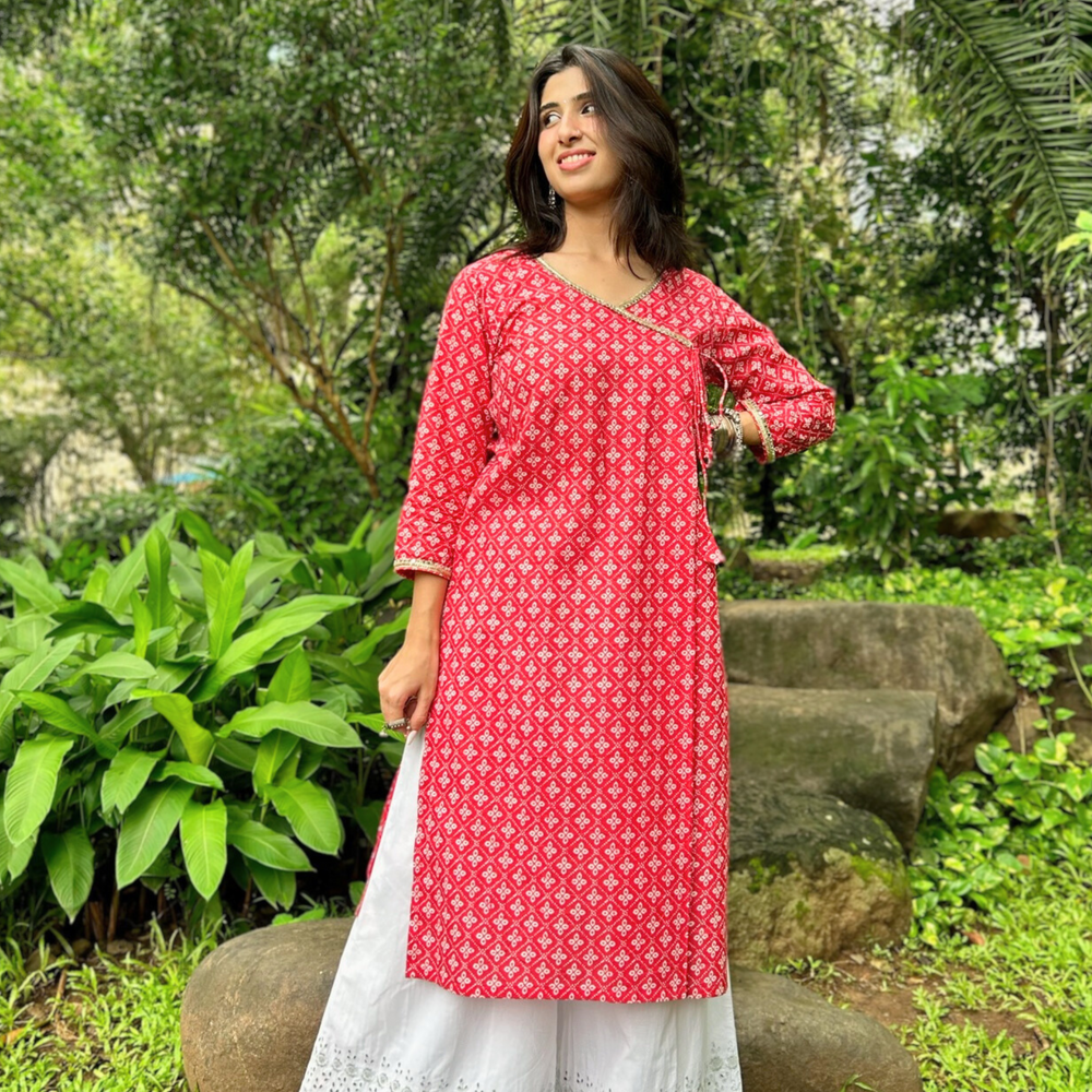 
                      
                        Red Pure Cotton Handprinted Kurta with Abla and Gota Work on Neckline
                      
                    