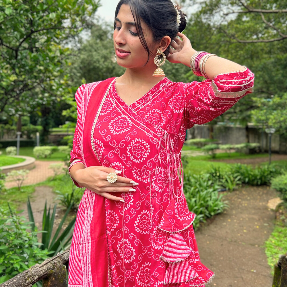 Pink Floral Handprinted Agarkha Kurta Set with Dupatta and Gota Laces