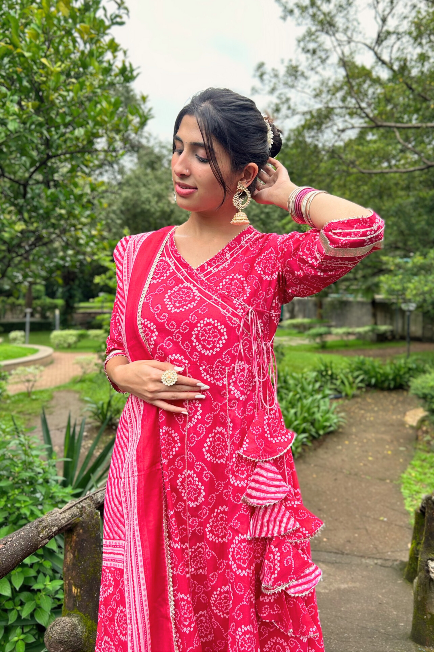 Pink Floral Handprinted Agarkha Kurta Set with Dupatta and Gota Laces