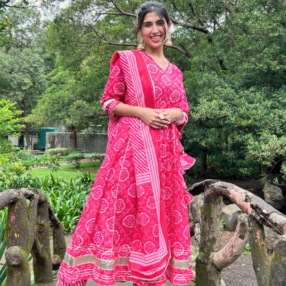 
                      
                        Pink Floral Handprinted Agarkha Kurta Set with Dupatta and Gota Laces
                      
                    