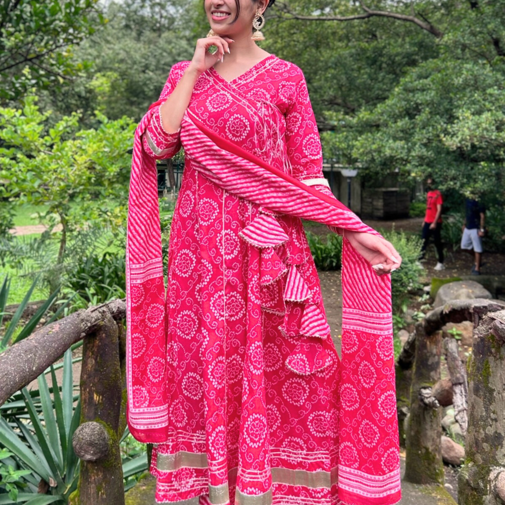 
                      
                        Pink Floral Handprinted Agarkha Kurta Set with Dupatta and Gota Laces
                      
                    