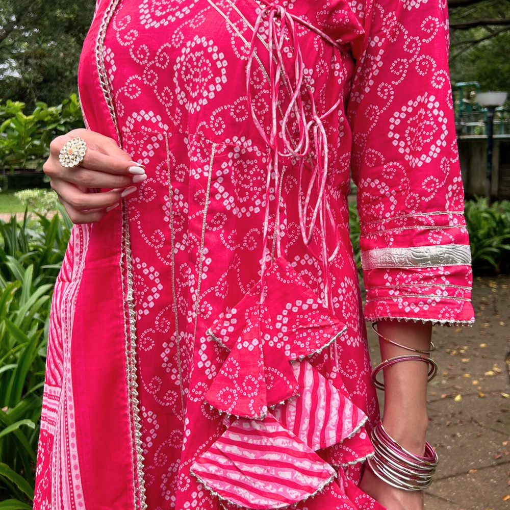 
                      
                        Pink Floral Handprinted Agarkha Kurta Set with Dupatta and Gota Laces
                      
                    