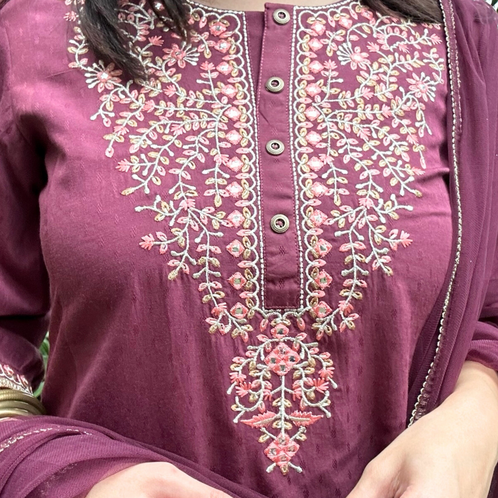 
                      
                        Maroon Self Printed Kurta Salwar Set With Dupatta
                      
                    