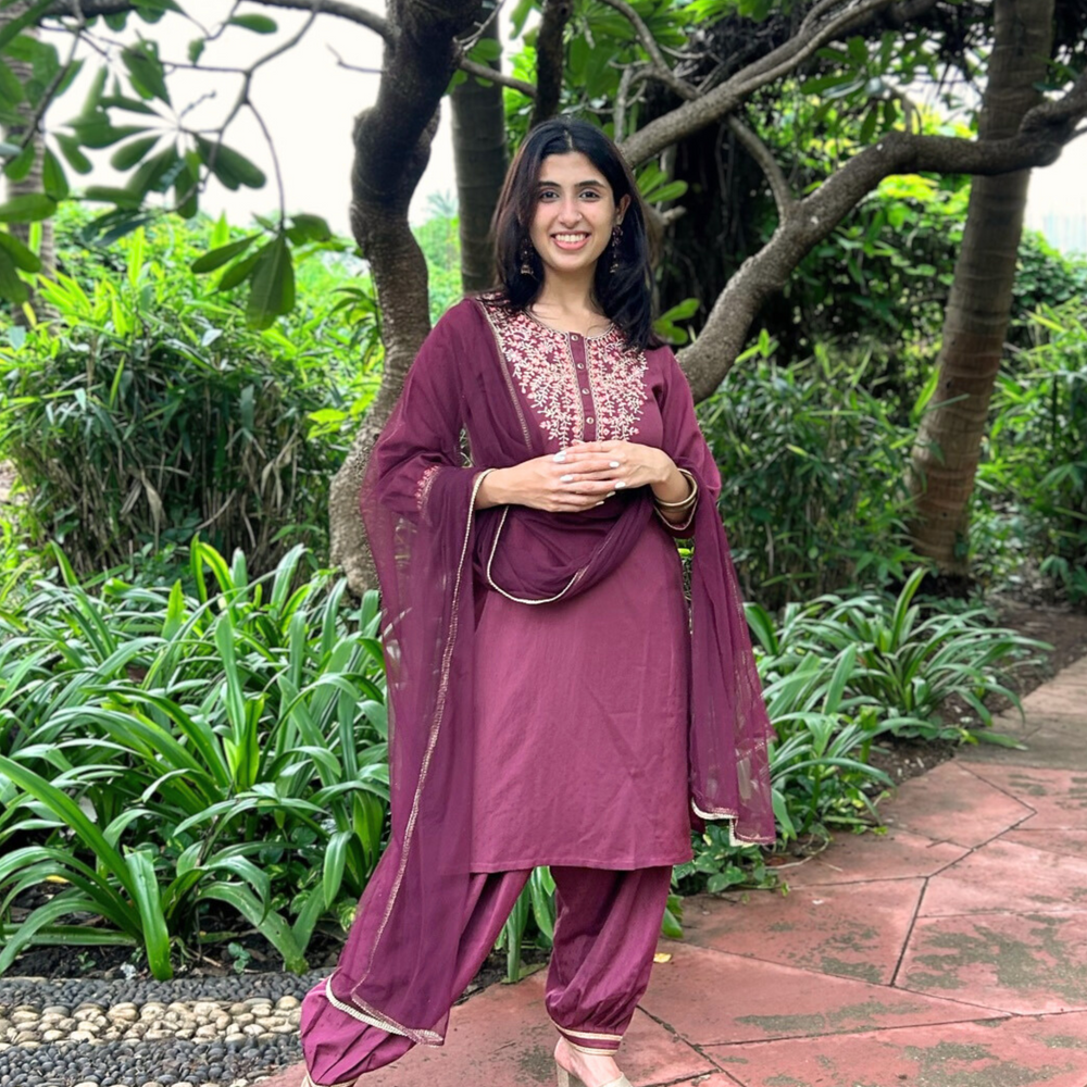 Maroon Self Printed Kurta Salwar Set With Dupatta