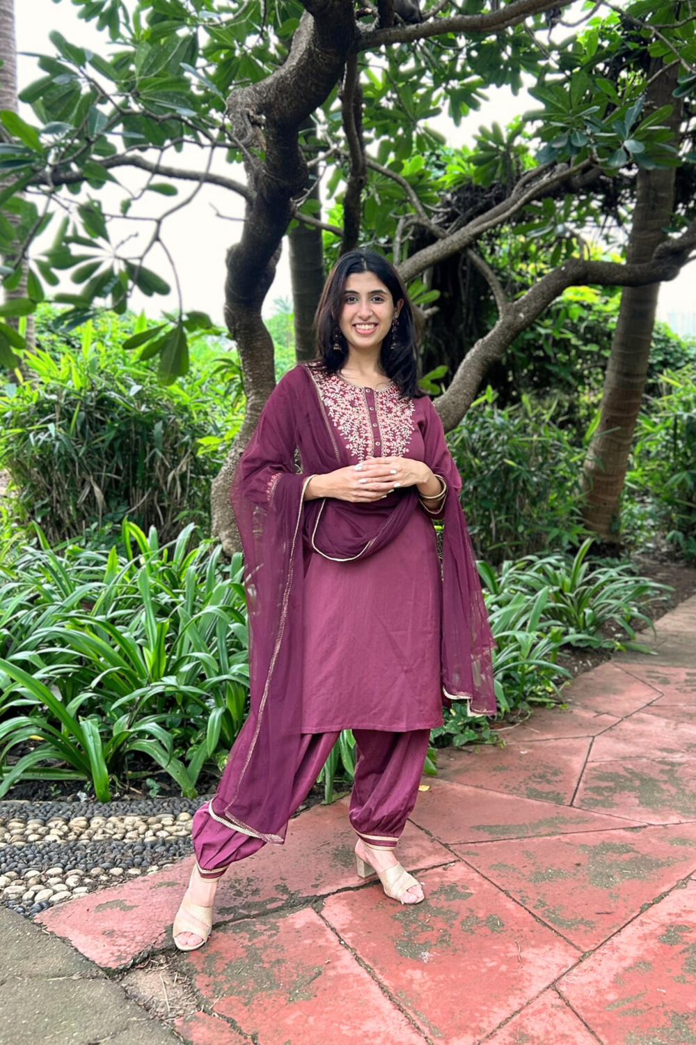 Maroon Self Printed Kurta Salwar Set With Dupatta