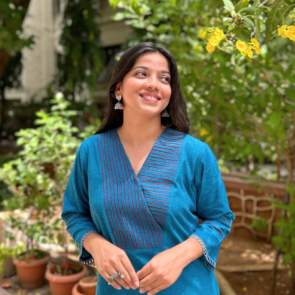 
                      
                        Blue Straight Kurta with Red Pleated Yoke
                      
                    