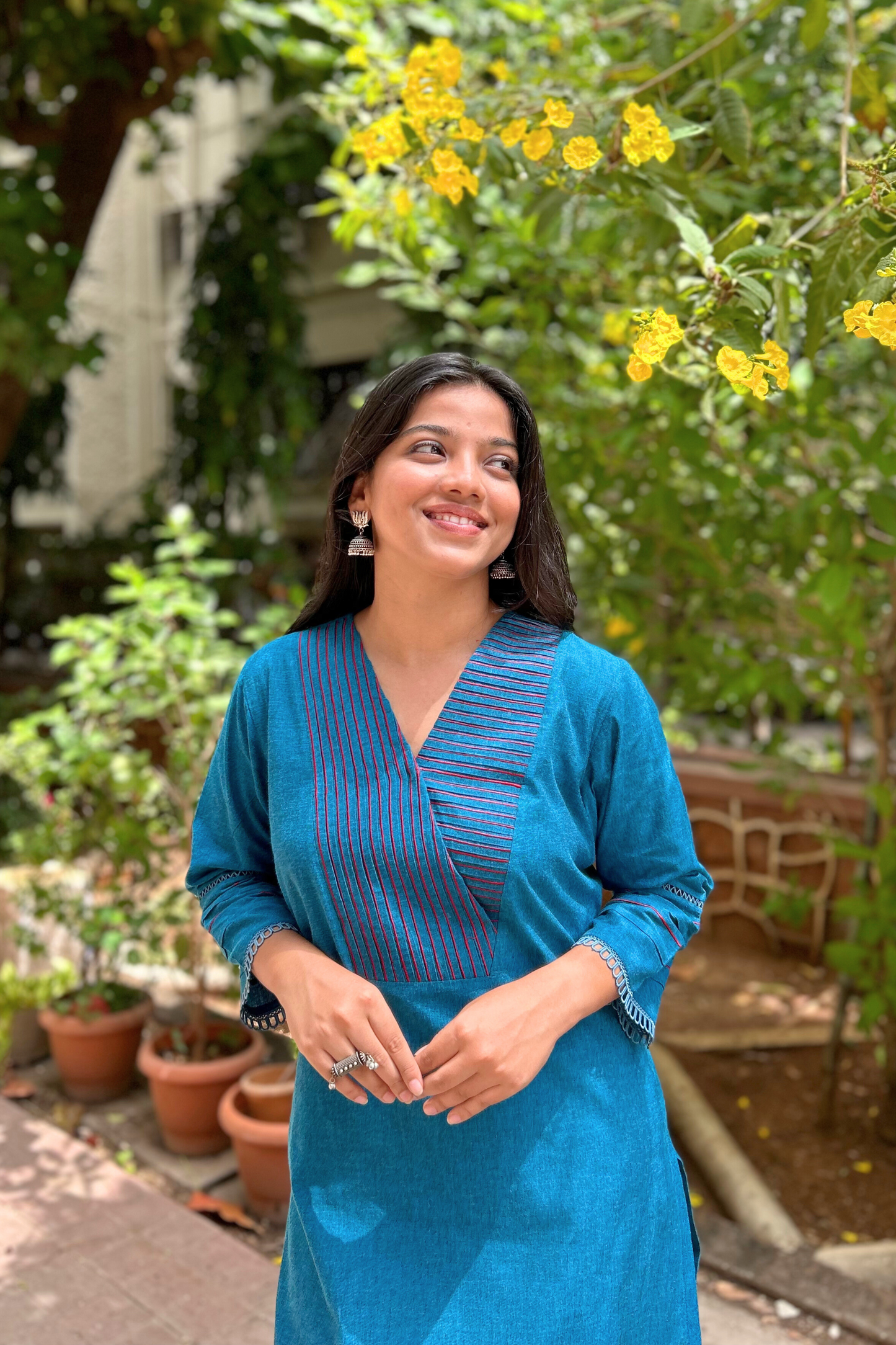 Blue Straight Kurta with Red Pleated Yoke