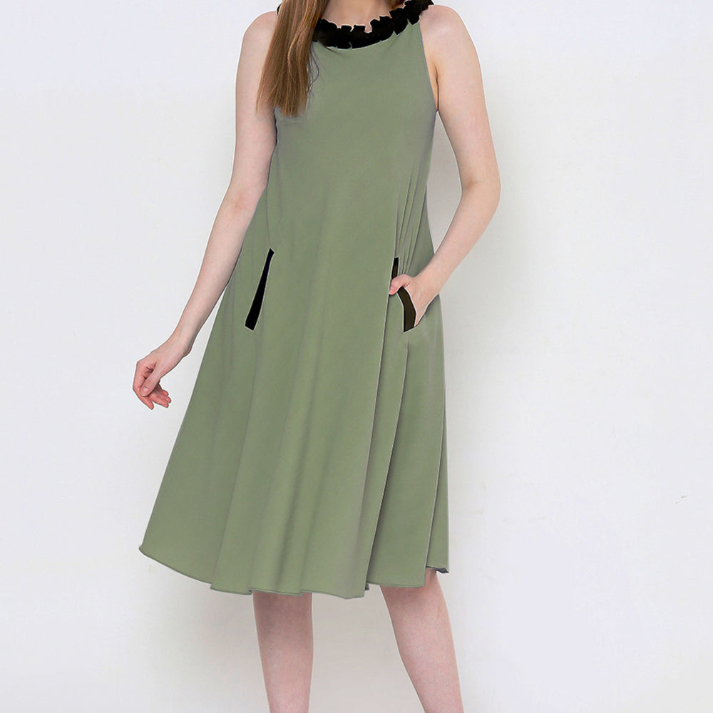 
                      
                        Aturabi Green solid fit & flare dress with side  pocket
                      
                    