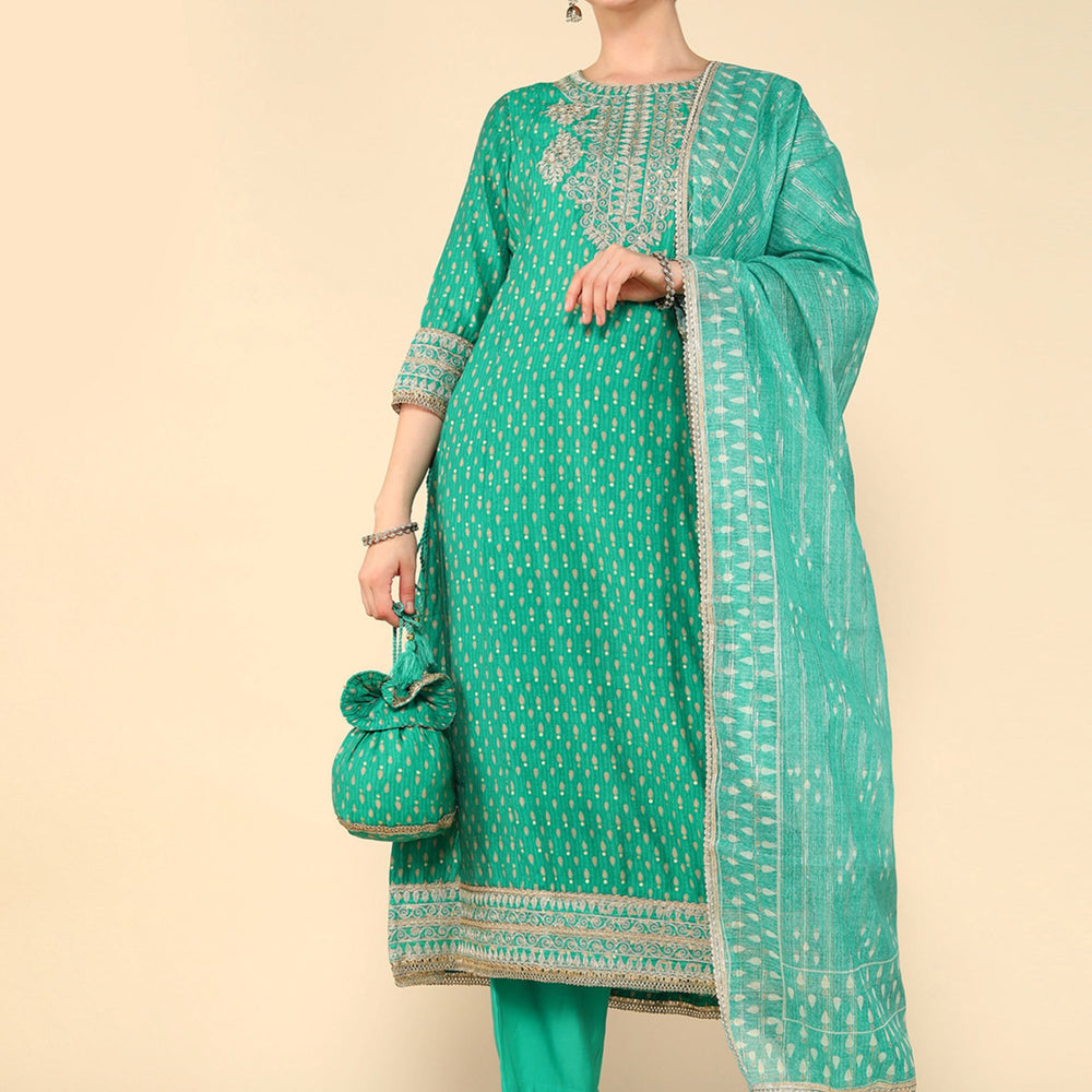 Parrot Green Muslin Gold dori embroidered flared kurta with straight trouser and organza printed dupatta