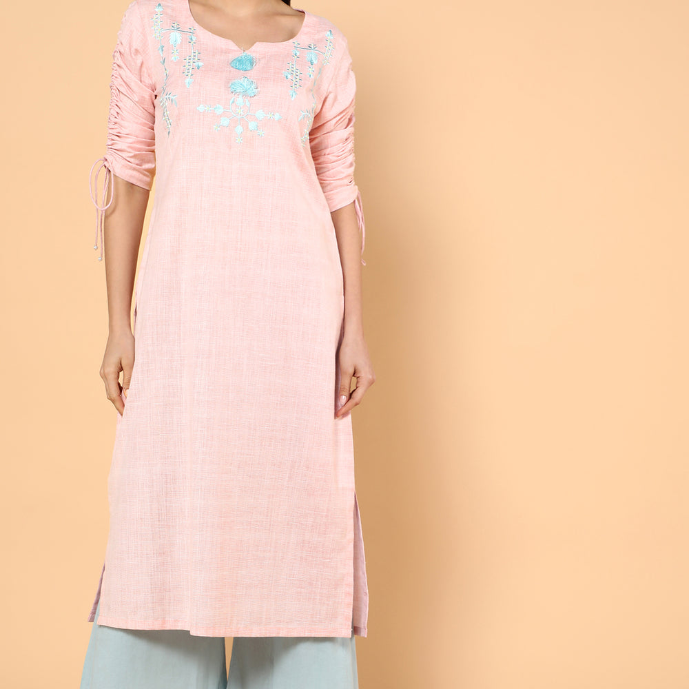 Baby Pink Kurta With Detailed Thread Embroidery And Hand Made Tassels