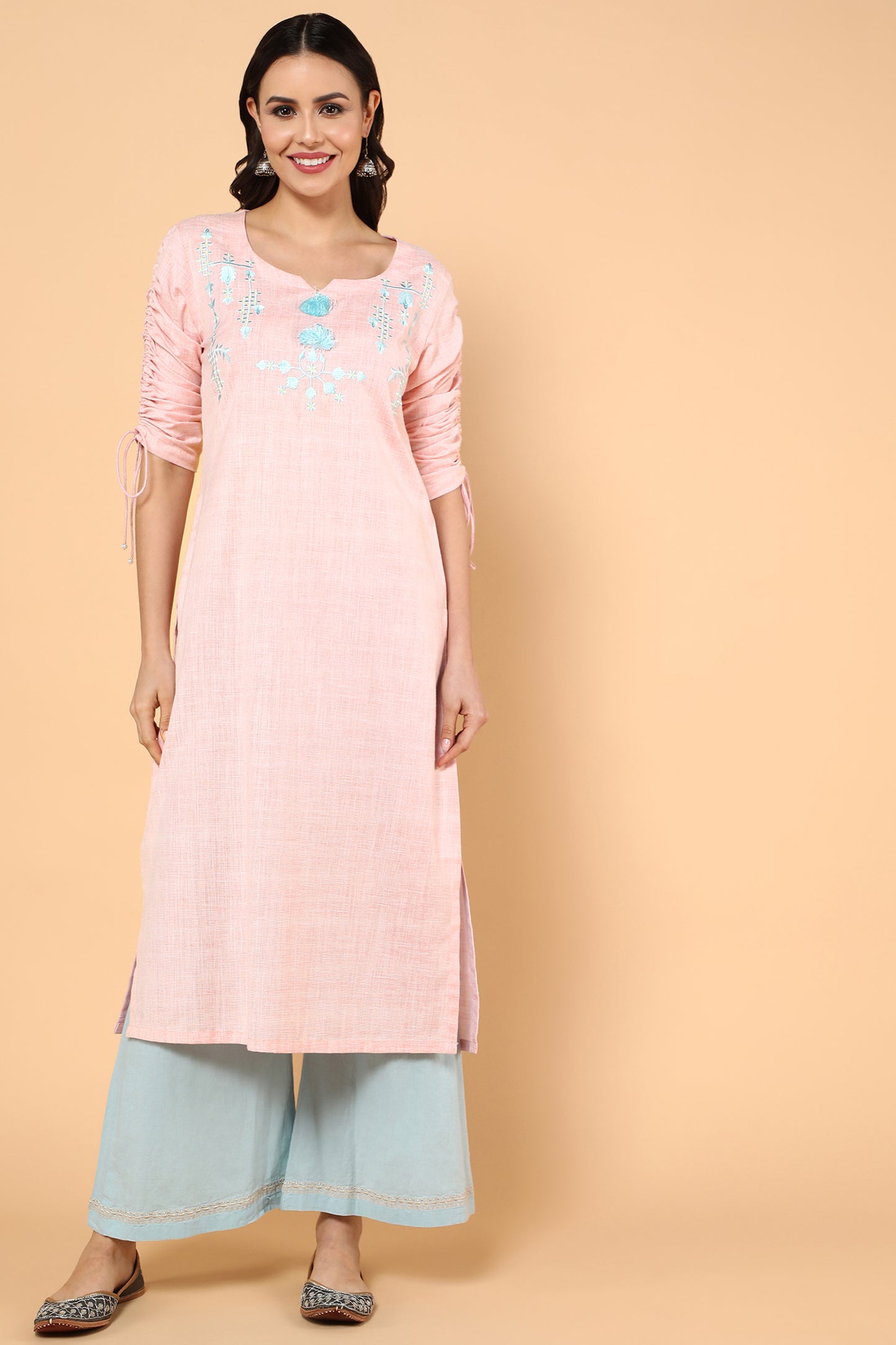 Baby Pink Kurta With Detailed Thread Embroidery And Hand Made Tassels