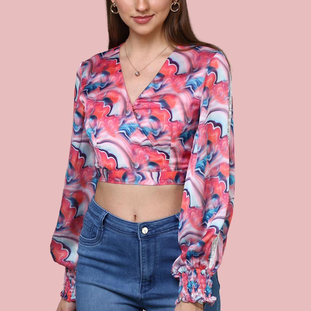 Bell Sleeved Printed Wrap on Crop Top