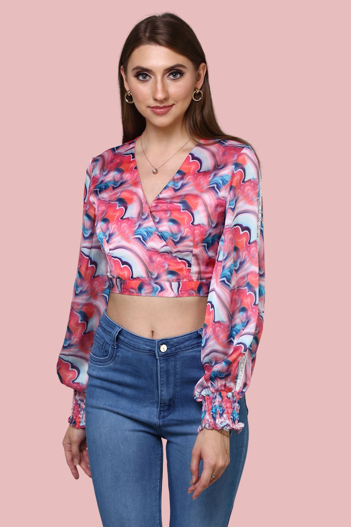 Bell Sleeved Printed Wrap on Crop Top