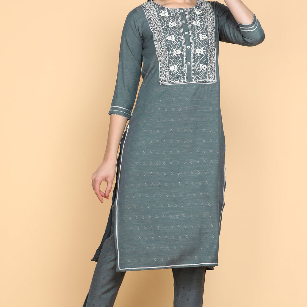 Embroidered Calf Length Cotton Woven Women's Kurta Set