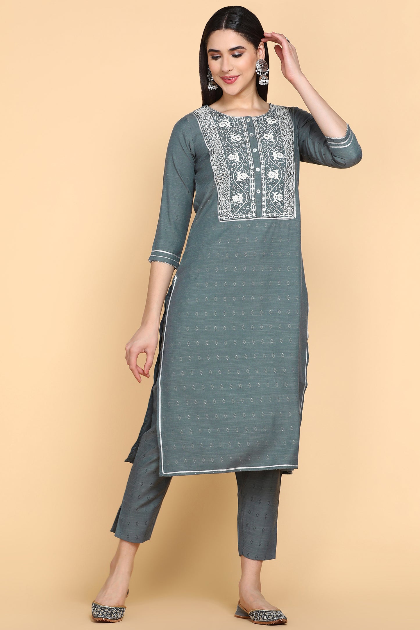 Embroidered Calf Length Cotton Woven Women's Kurta Set