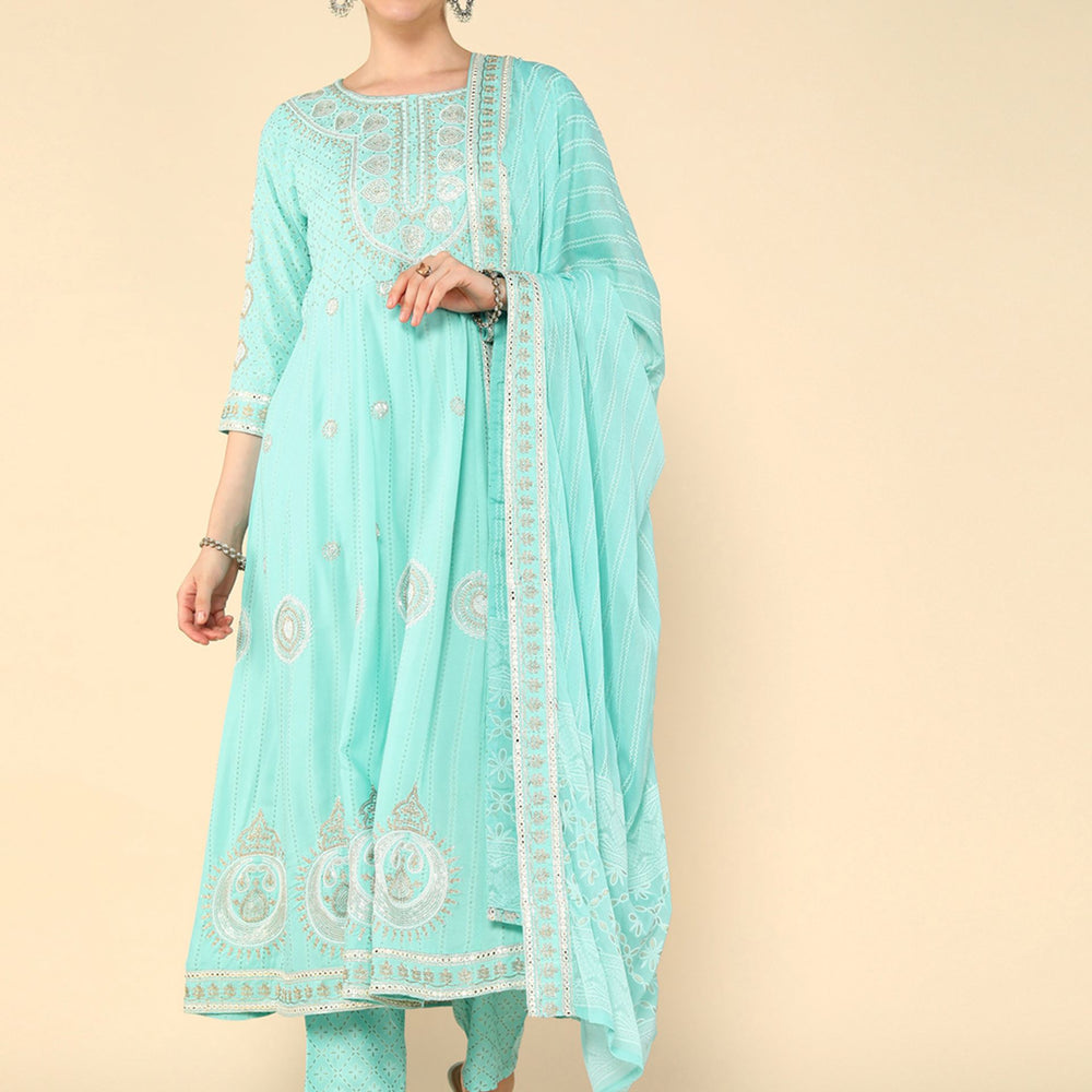 Pastal Blue Ethnic Motifs Printed Thread Work Regular Kurta with Trousers & Dupatta