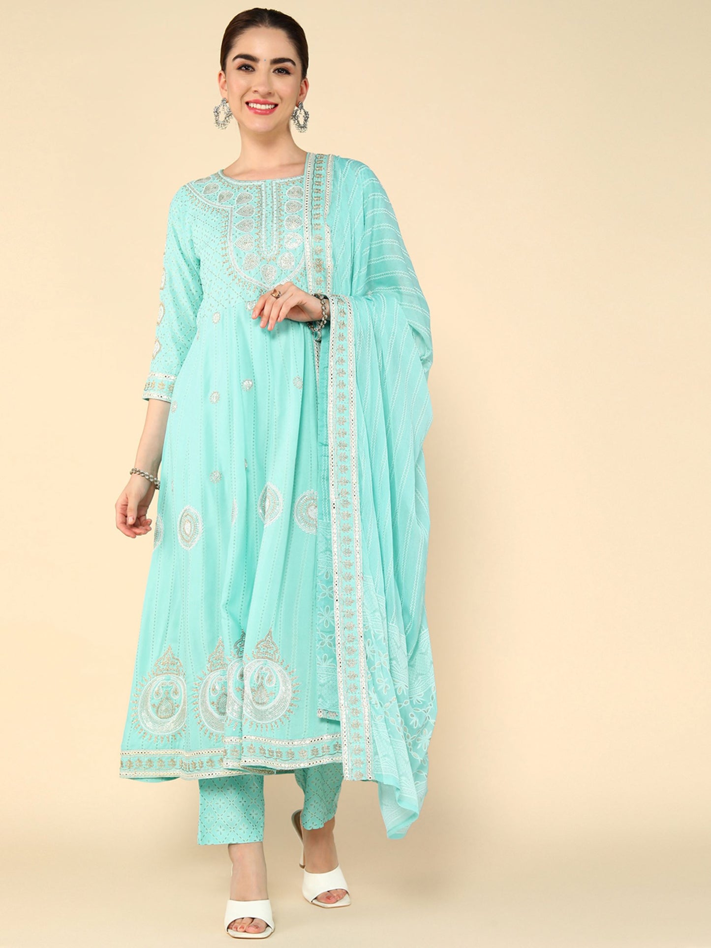 Pastal Blue Ethnic Motifs Printed Thread Work Regular Kurta with Trousers & Dupatta