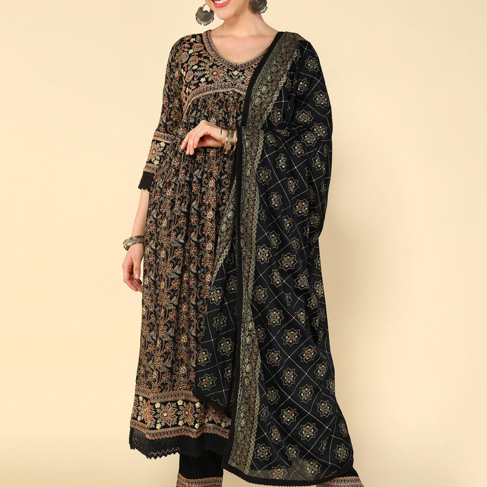 
                      
                        Black Floral Embroidered Kantha Work Anarkali Kurta with Trousers & With Dupatta
                      
                    