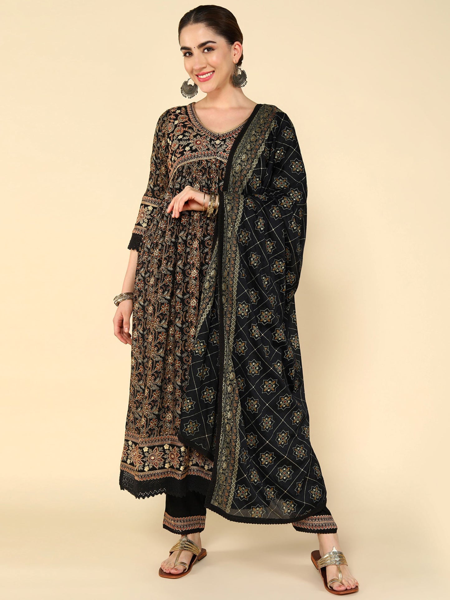 Black Floral Embroidered Kantha Work Anarkali Kurta with Trousers & With Dupatta