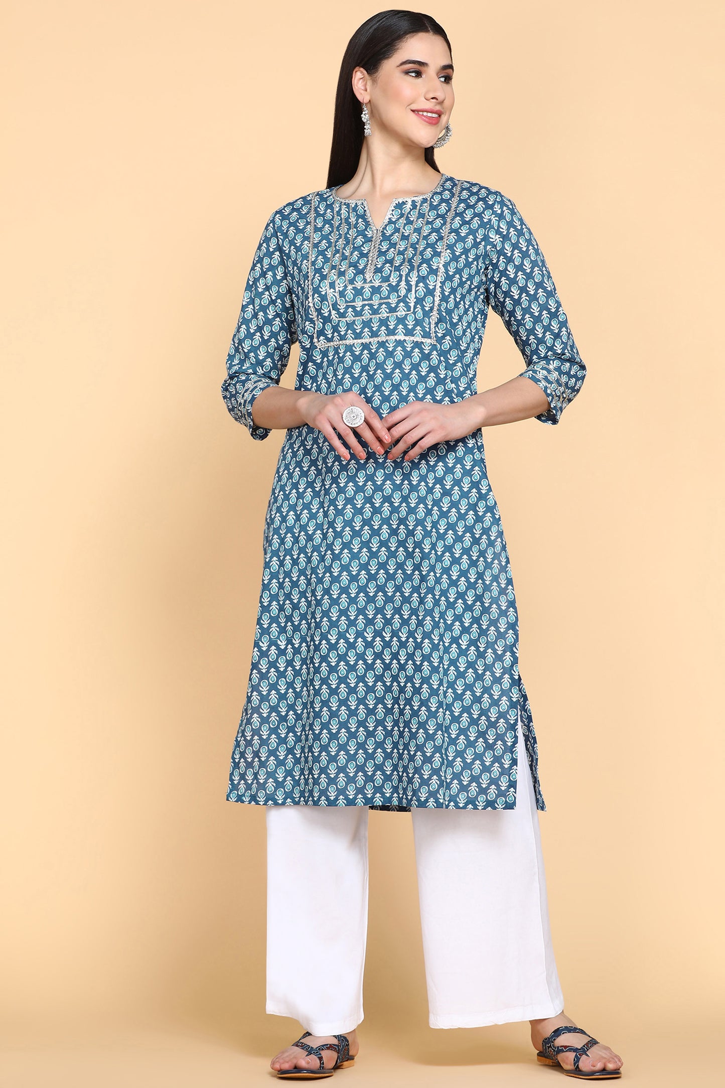 ETHNIC MOTIFS PRINTED GOTTA PATTI COTTON KURTA